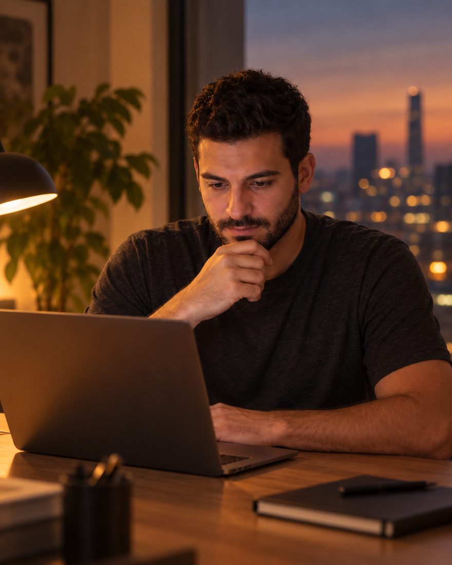 At his desk by the window at dusk, ready with his first question