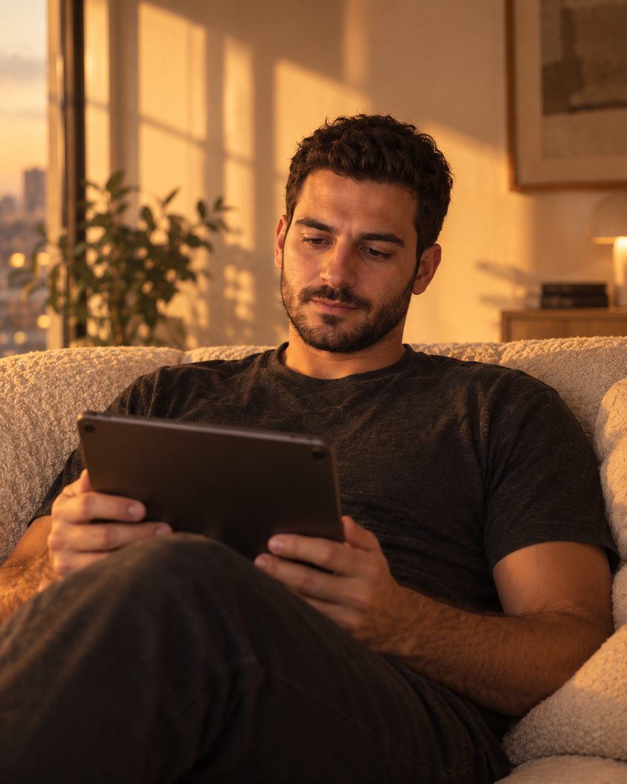 Daniel on the sofa after work, reading his numbers on a tablet